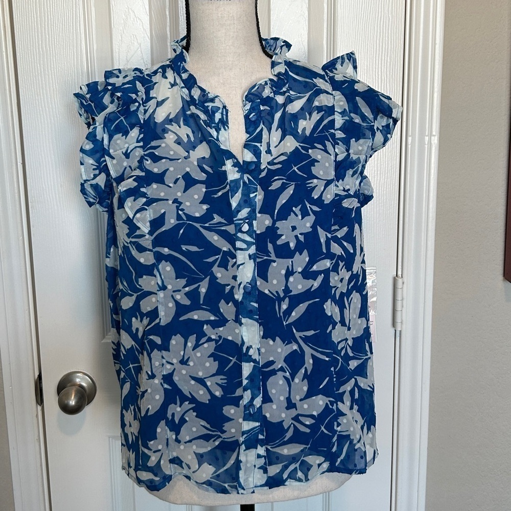 Nanette Lepore Floral Blouse 2 Piece Strong Blue Size L Polyester - Picture 4 of 14